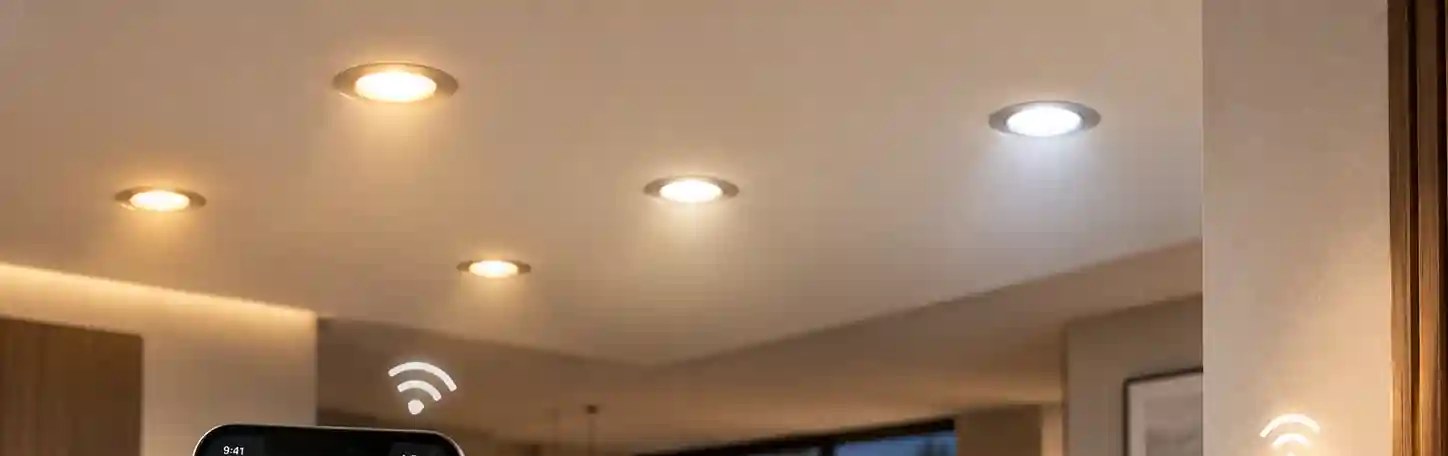 Ceiling of recessed smart downlights lit at different colour temperatures