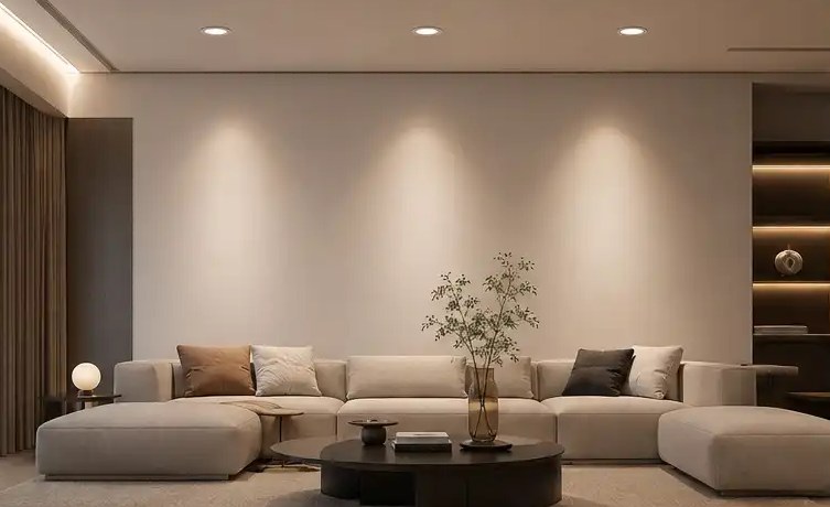 Living room with a row of recessed downlights washing a plain wall behind a sofa