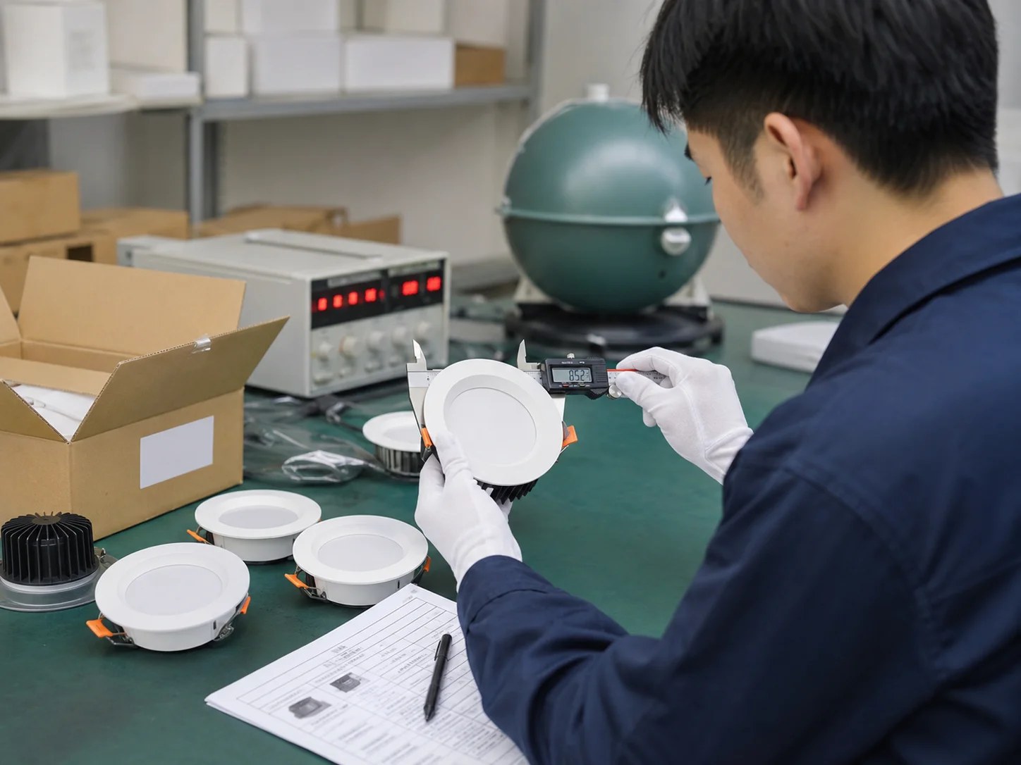 Technician measuring a downlight face with a digital caliper during inspection